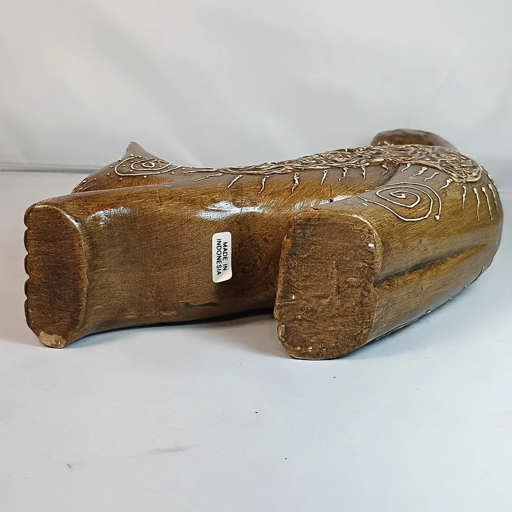 Vintage Hand Carved Wood Stretching Cat Feline From Indonesia 10.5